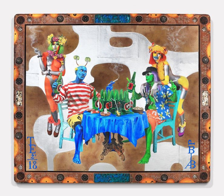From Bickerton’s “Blue Man” series, “The Bar,” 2018, oil and acrylic on jute in artist-designed wood frame inlaid with mother-of-pearl, bamboo and found objects. After moving to Bali, he developed an ornate, crafted look.Credit...Ashley Bickerton, via Gagosian